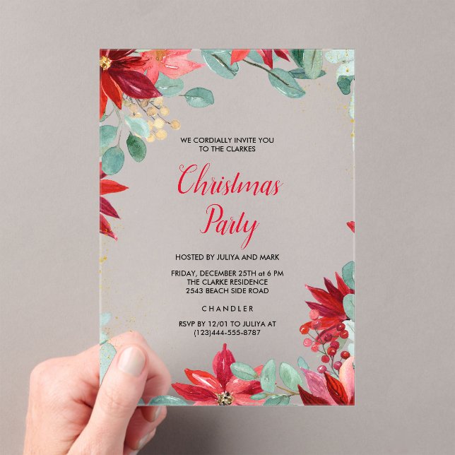 Red Floral Christmas Party Acrylic Invitations (Insitu (Handheld))