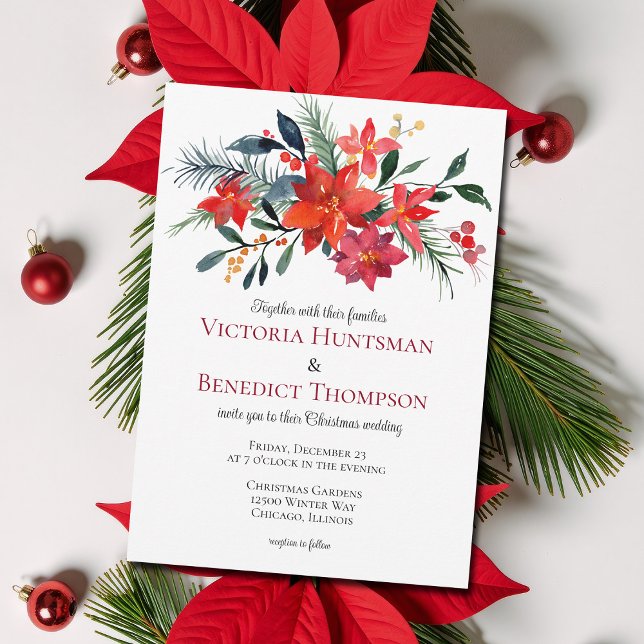 Red Floral Christmas Poinsettia Winter Wedding Invitation (Creator Uploaded)