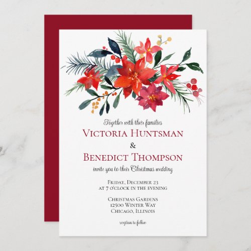 Red Floral Christmas Poinsettia Winter Wedding Invitation