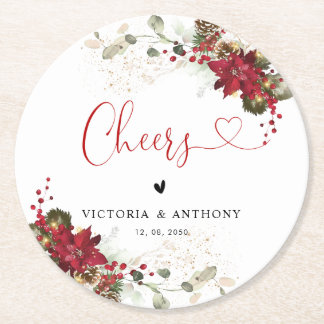 Red Floral Christmas Wedding Cheers Round Coaster