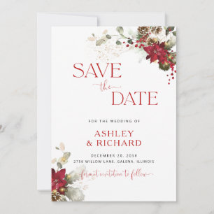 Red Floral Christmas Wedding Save The Date