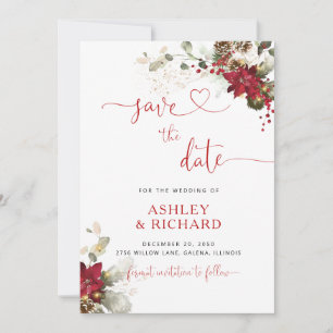 Red Floral Christmas Wedding Save The Date