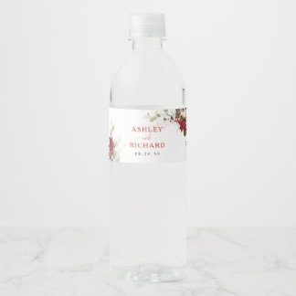 Red Floral Christmas Wedding Wine Bottle Label