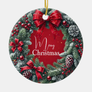 Red Floral Christmas Wreath Elegant Holiday Ceramic Ornament