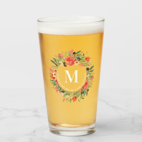 Red Floral Christmas Wreath Monogram Glass