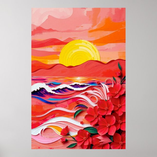 Red Floral Coast Quilling Art with Sunrise Waves & Poster (Front)