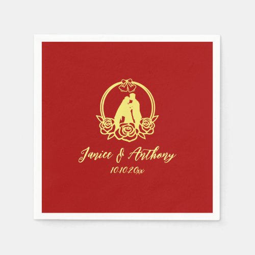 Red floral couple silhouette Chinese wedding  Napkins