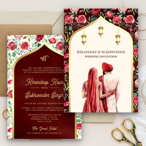 Red Floral Cream Gold Anand Karaj Sikh Wedding Invitation