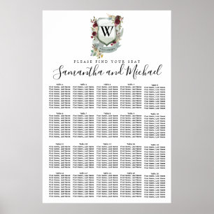 Red Floral Crest 20-Table Wedding Seating Chart