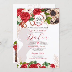 Red Floral Crest Rose Charro Quinceañera Invitation