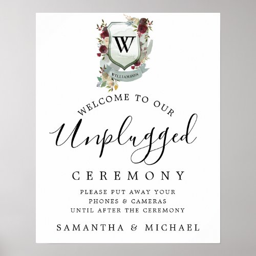 Red Floral Crest Unplugged Wedding Ceremony Sign