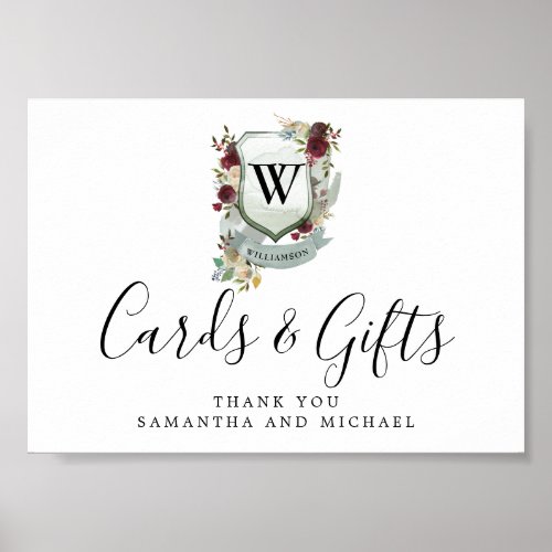 Red Floral Crest Wedding Cards and Gifts Sign