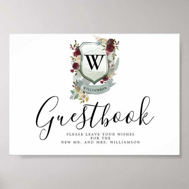 Red Floral Crest Wedding Guestbook Sign (Front)