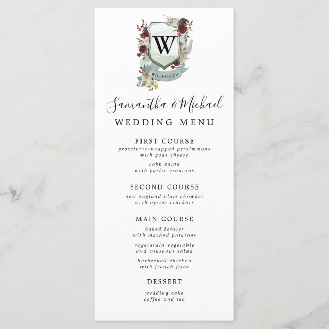 Red Floral Crest with Monogram Initial Wedding Menu (Front)