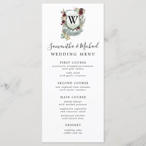 Red Floral Crest with Monogram Initial Wedding Menu