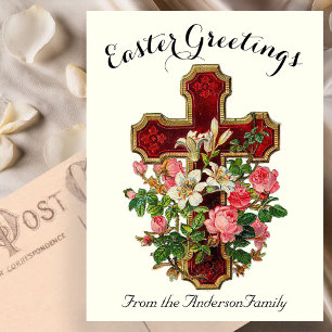 Red Floral Cross Vintage Easter Religious Postcard