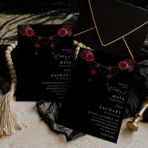 Red Floral  Crystal Wedding _ Black Invitation