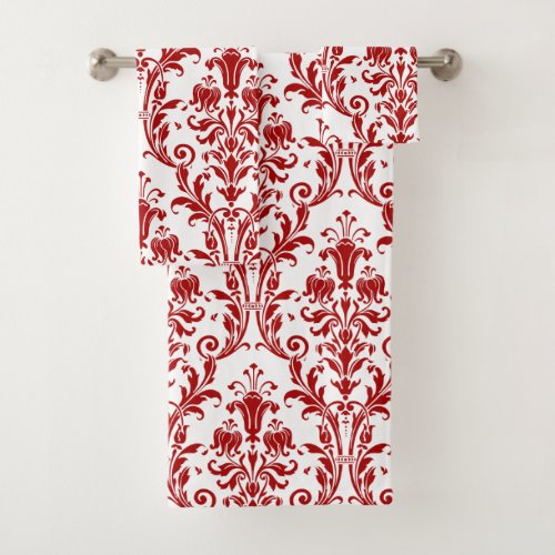 Red Floral Damask On White Bath Towel Set