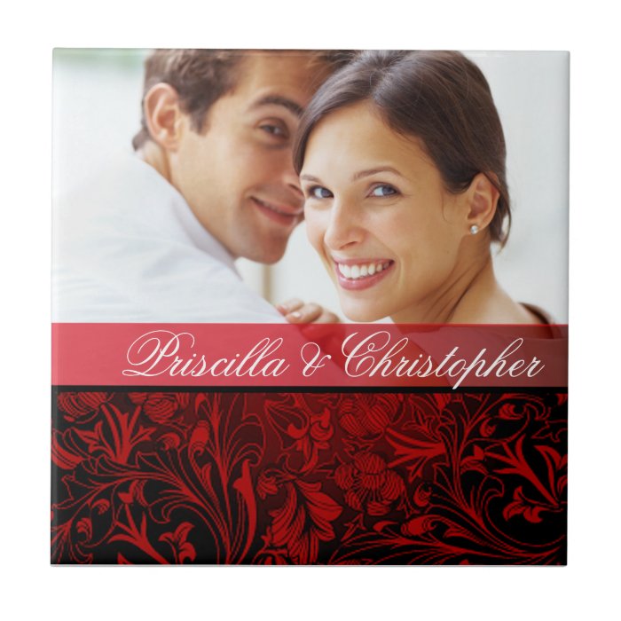 Red Floral Damask Photo Wedding Favor Tiles