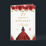 Red Floral Dark Skin Girl Birthday Card<br><div class="desc">This elegant and glamorous birthday card can be personalized with a name or title such as daughter, granddaughter, niece, friend etc. The design features a beautiful princess with dark hair and dark skin in a red ball gown. The text combines handwritten script and modern sans serif fonts for a classy...</div>