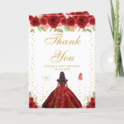 Red Floral Dark Skin Girl Birthday Party Thank You Card