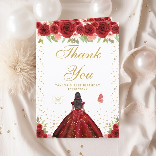 Red Floral Dark Skin Girl Birthday Party Thank You Card