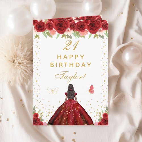 Red Floral Dark Skin Girl Happy Birthday Card