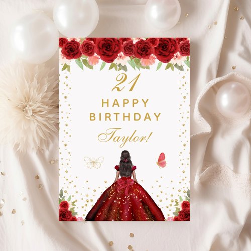 Red Floral Dark Skin Girl Happy Birthday Card