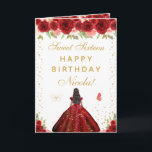 Red Floral Dark Skin Girl Sweet Sixteen Card<br><div class="desc">This elegant and glamorous sweet sixteen birthday card can be personalized with a name or title such as daughter, granddaughter, niece, friend etc. The design features a beautiful princess with dark hair and dark skin in a red ball gown. The text combines handwritten script and modern sans serif fonts for...</div>