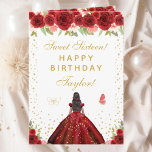 Red Floral Dark Skin Girl Sweet Sixteen Card<br><div class="desc">This elegant and glamorous sweet sixteen birthday card can be personalized with a name or title such as daughter, granddaughter, niece, friend etc. The design features a beautiful princess with dark hair and dark skin in a red ball gown. The text combines handwritten script and modern sans serif fonts for...</div>