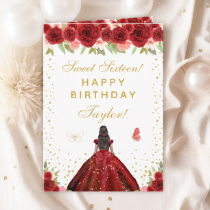 Red Floral Dark Skin Girl Sweet Sixteen Card