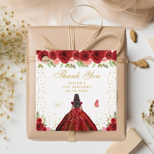 Red Floral Dark Skin Princess Birthday Party Favor Tags