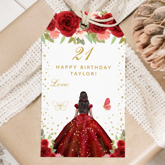 Red Floral Dark Skin Princess Birthday Party Gift Tags (Creator Uploaded)