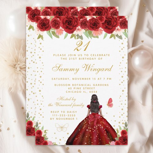 Red Floral Dark Skin Princess Birthday Party Invitation