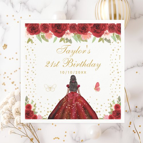 Red Floral Dark Skin Princess Birthday Party Napkins