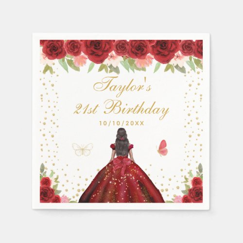 Red Floral Dark Skin Princess Birthday Party Napkins