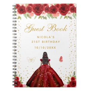 Red Floral Dark Skin Princess Birthday Party Notebook