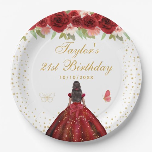 Red Floral Dark Skin Princess Birthday Party Paper Plates