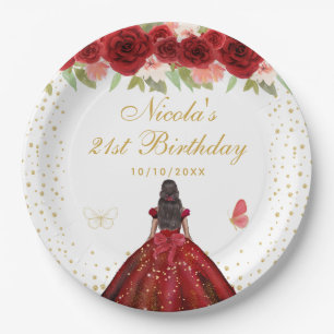 Red Floral Dark Skin Princess Birthday Party Paper Plates