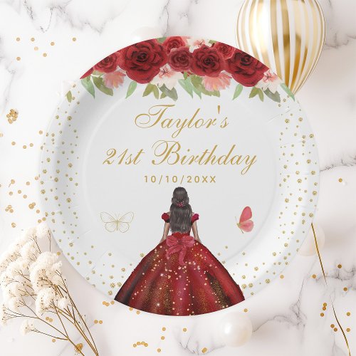 Red Floral Dark Skin Princess Birthday Party Paper Plates