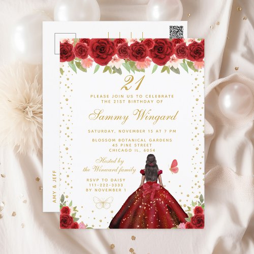 Red Floral Dark Skin Princess Birthday Party Postcard