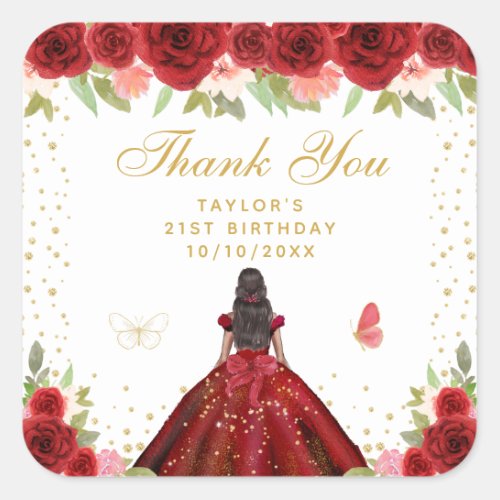 Red Floral Dark Skin Princess Birthday Party Square Sticker