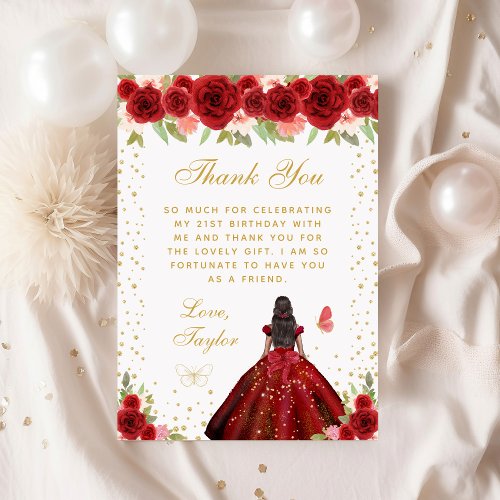 Red Floral Dark Skin Princess Birthday Party Thank You Card