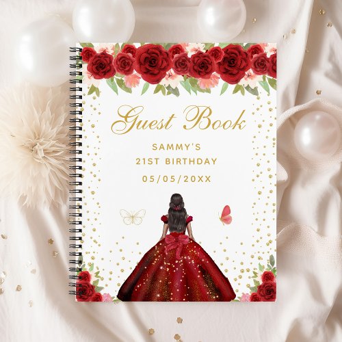 Red Floral Dark Skin Princess Guest Book