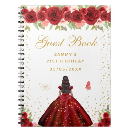 Red Floral Dark Skin Princess Guest Book