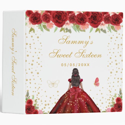 Red Floral Dark Skin Princess Sweet Sixteen 3 Ring Binder