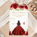 Red Floral Dark Skin Princess Sweet Sixteen Gift Tags<br><div class="desc">This elegant and glamorous sweet sixteen birthday gift tag can be personalized with a name. The design features a beautiful princess with dark hair and dark skin in a red ball gown. The text combines handwritten script and modern sans serif fonts for a classy and sophisticated look. The floral arrangements,...</div>