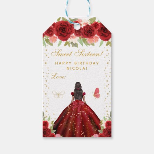 Red Floral Dark Skin Princess Sweet Sixteen Gift Tags