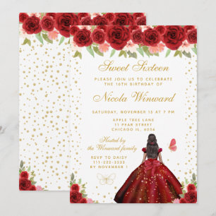 Red Floral Dark Skin Princess Sweet Sixteen Invitation