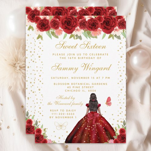 Red Floral Dark Skin Princess Sweet Sixteen Invitation